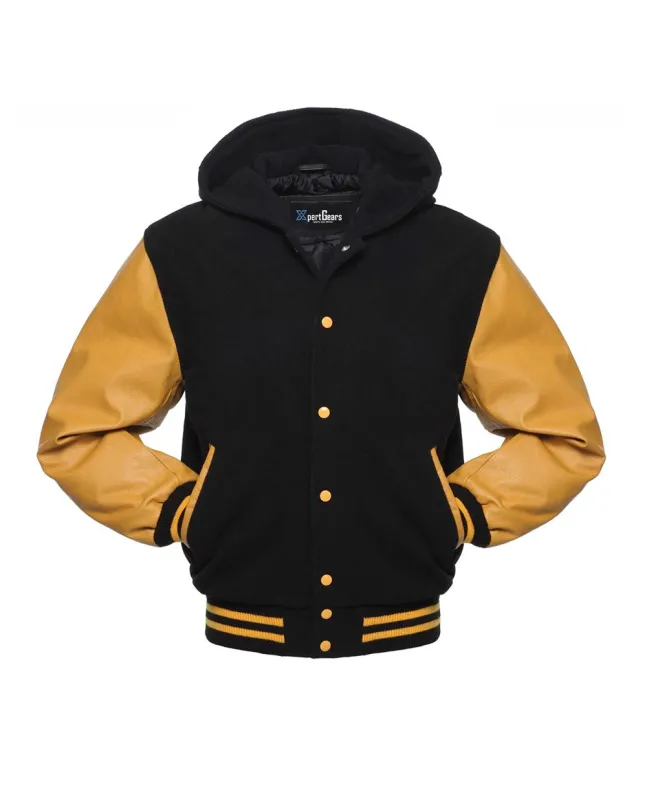 Front view of Black and Gold Varsity Jacket featuring a hoodie collar, black wool body, and opulent gold leather sleeves.