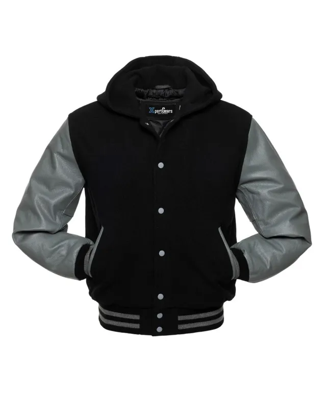 Front view of Black and Grey Varsity Jacket featuring a hoodie collar, sleek black wool body, and refined grey leather sleeves.