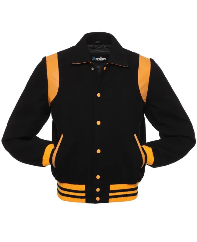 Front view of Black Retro Varsity Jacket featuring a retro collar, black wool body and sleeves, adorned with elegant gold leather shoulder inserts.