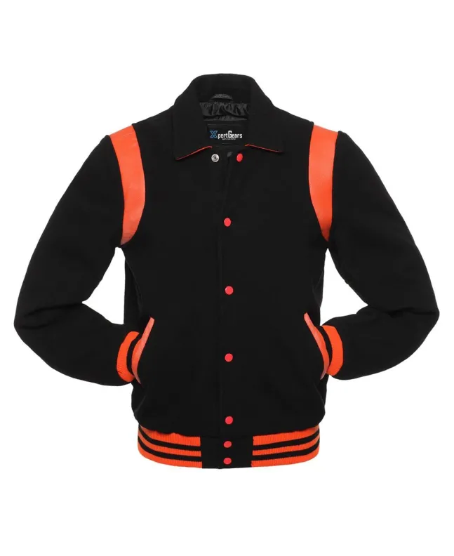 Front view of Black Retro Varsity Jacket featuring a retro collar, black wool body and sleeves, and vibrant orange leather shoulder inserts.