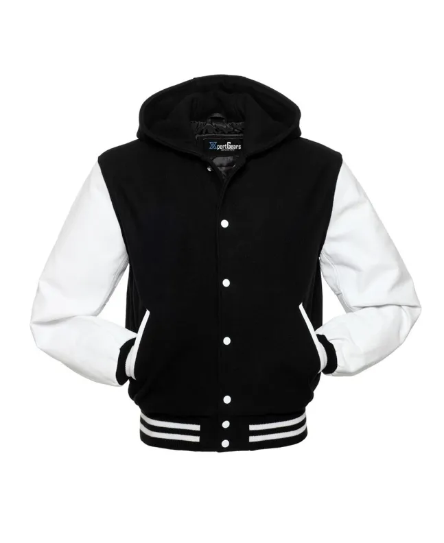 Front view of Black and White Varsity Jacket featuring a hoodie collar, black wool body, and contrasting white leather sleeves.