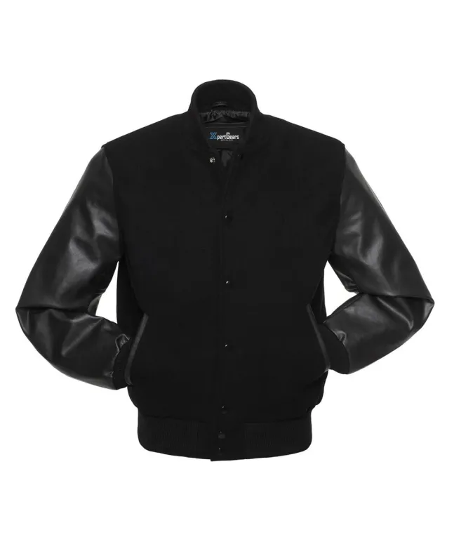 Black Wool American Varsity Jacket with Black Vinyl Sleeves - Front View