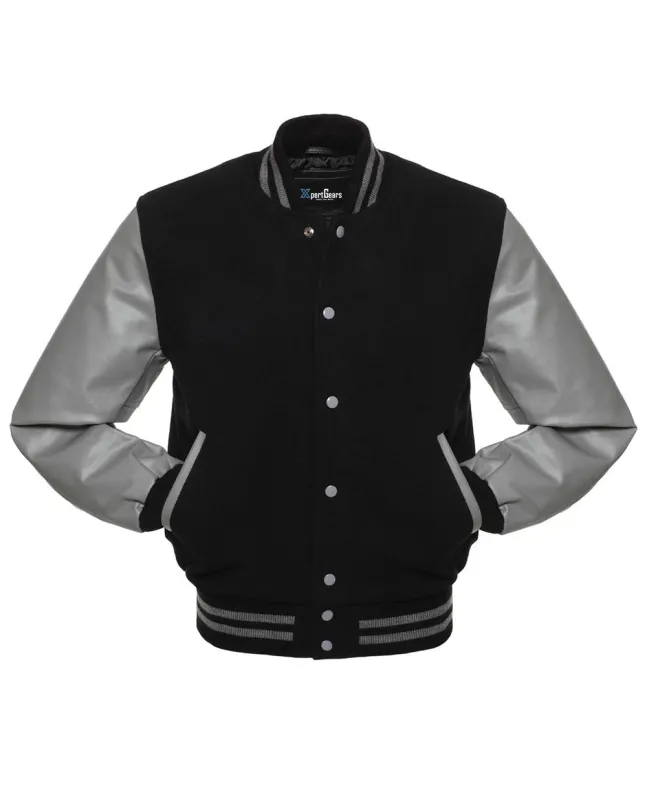 Black Wool American Varsity Jacket with Grey Vinyl Sleeves - Front View