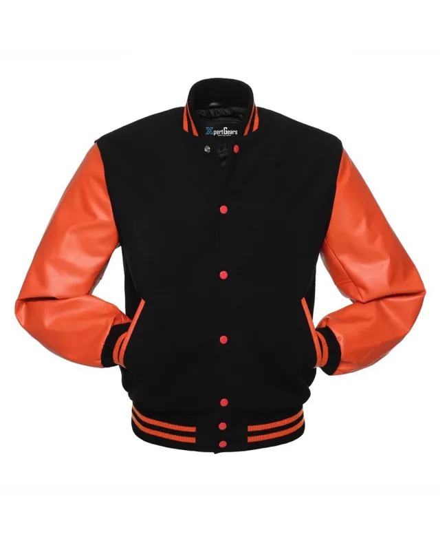 Black Wool American Varsity Jacket with Orange Vinyl Sleeves - Front View