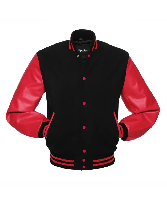 Black Wool American Varsity Jacket with Red Vinyl Sleeves - Front View