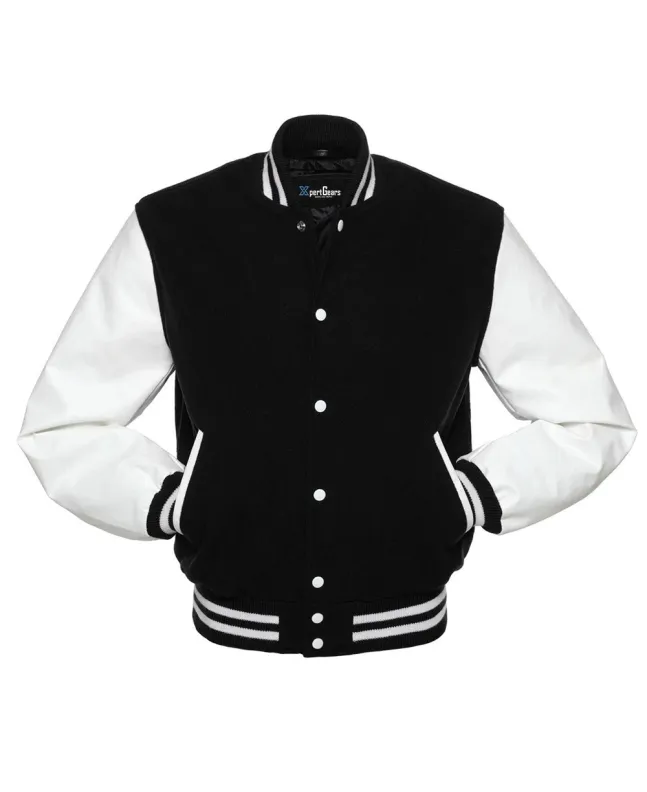Black Wool American Varsity Jacket with White Vinyl Sleeves - Front View