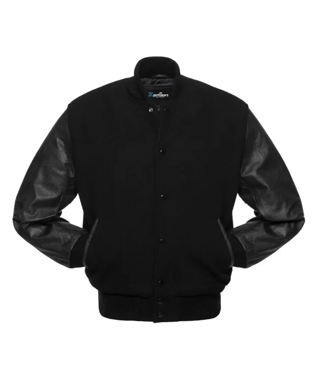 Black Wool & Cowhide Leather American Varsity Jacket - Front View