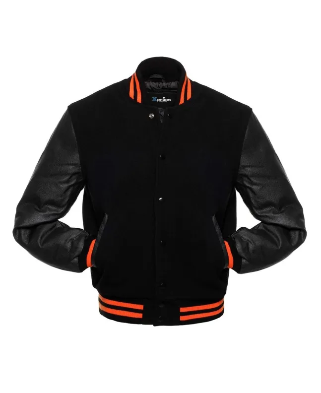 Black Wool Body American Varsity Jacket with Black Leather Sleeves - Front View
