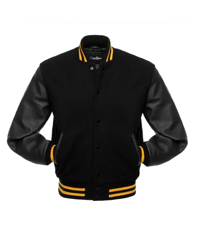 Black Wool Body American Varsity Jacket with Black Leather Sleeves - Front View