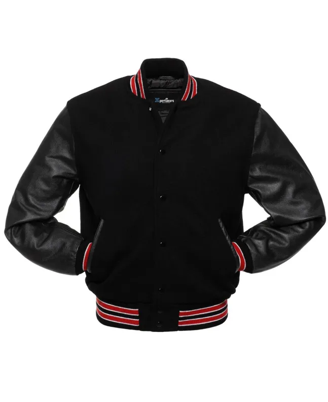 Black Wool Body American Varsity Jacket with Black Leather Sleeves - Front View