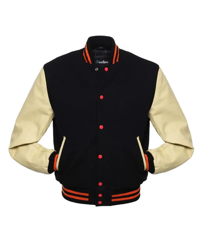 Black Wool Body American Varsity Jacket with Cream Leather Sleeves - Front View