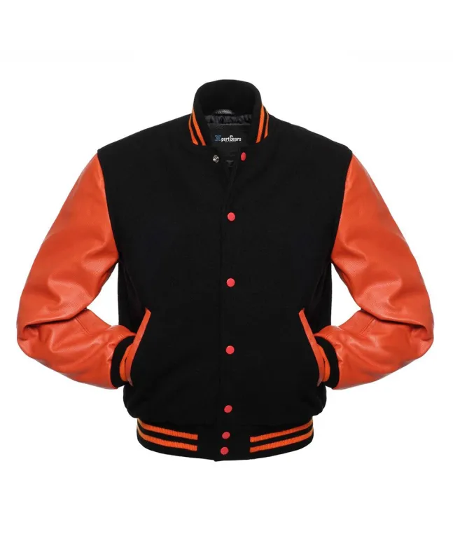 Black Wool Body American Varsity Jacket with Orange Leather Sleeves - Front View