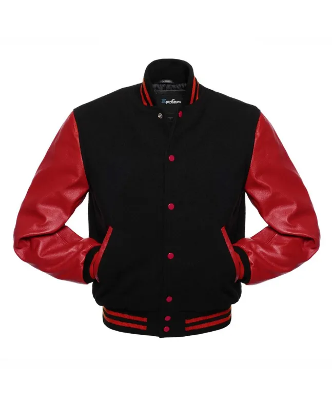 Black Wool Body American Varsity Jacket with Red Leather Sleeves - Front View
