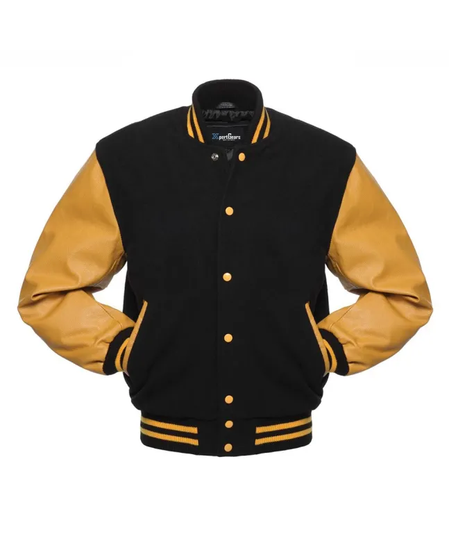 Black Wool and Gold Cowhide Leather American Varsity Jacket - Front View
