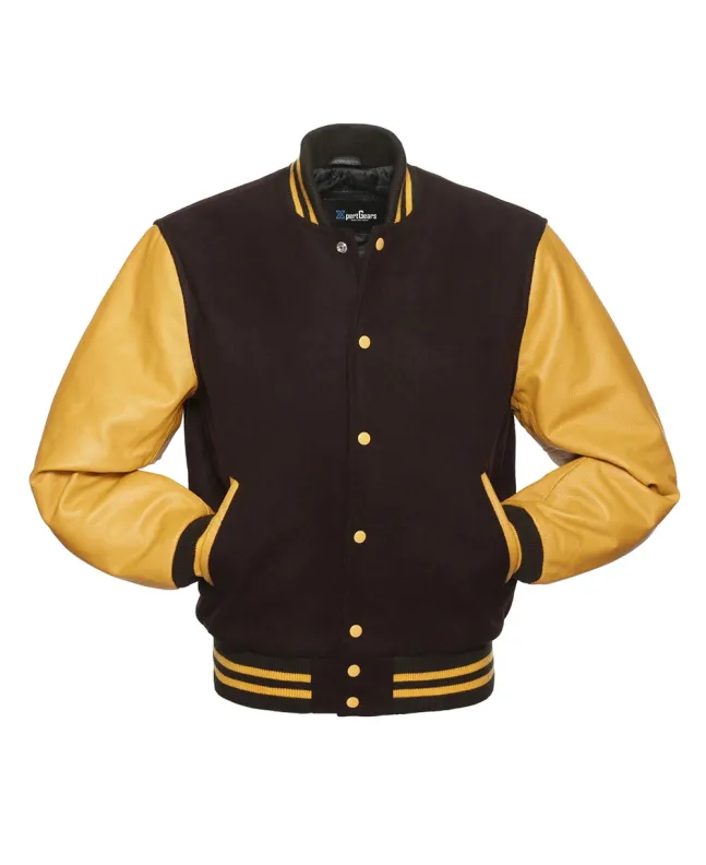 Brown Wool Body American Varsity Jacket with Gold Leather Sleeves - Front View