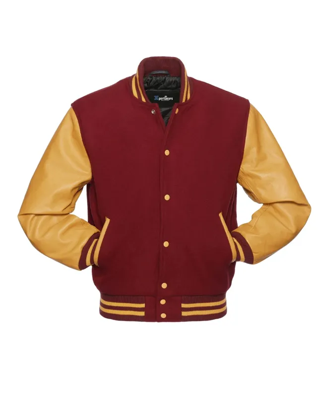 Cardinal Wool Body American Varsity Jacket with Gold Leather Sleeves - Front View