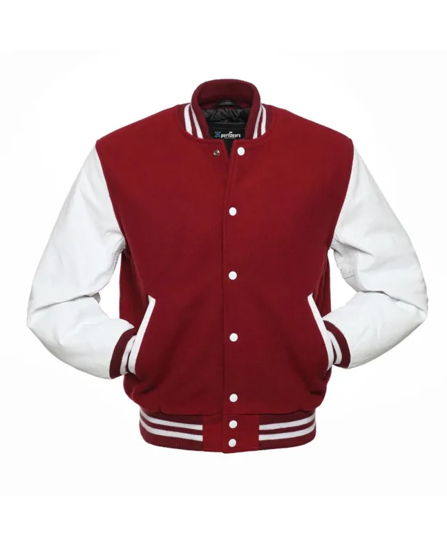 Cardinal Wool Body American Varsity Jacket with White Leather Sleeves - Front View