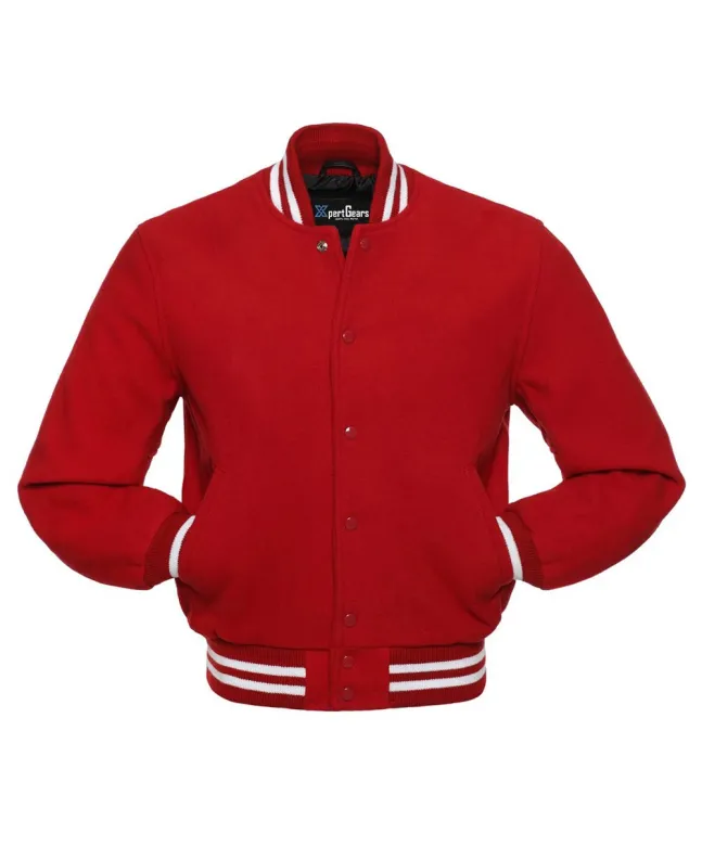 Crimson Classic Wool Varsity Jacket: Front view displaying the vibrant crimson wool and contrasting stripes on cuffs and hem, featuring an embroidered logo on the chest.