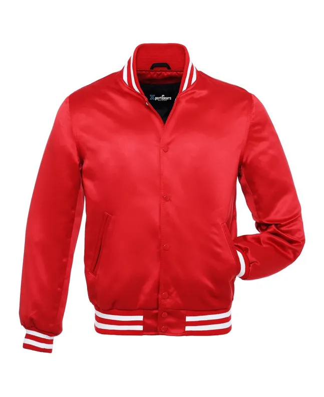 Crimson Red Striped Satin Bomber Jacket: Front view showcasing the vibrant crimson red satin fabric with contrasting stripes on cuffs and hem, featuring a stylish bomber design.