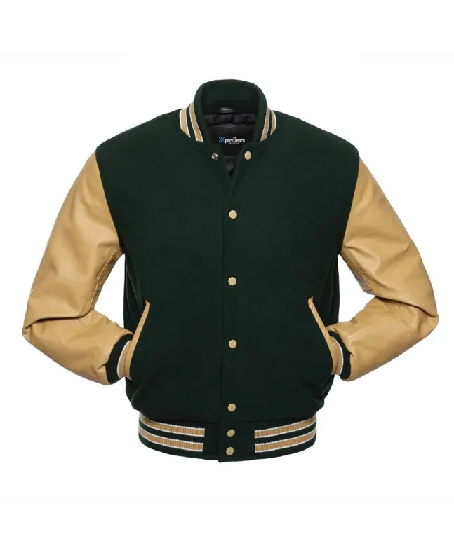 Forest Green Wool Body American Varsity Jacket with Tan Leather Sleeves - Front View