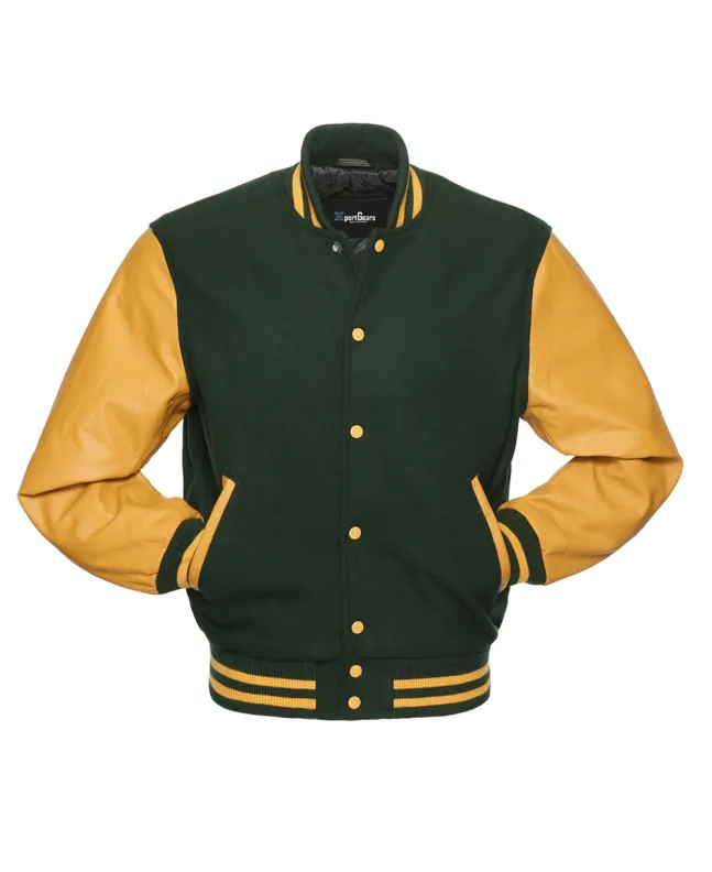 Forest Green Wool and Gold Leather American Varsity Jacket - Front View
