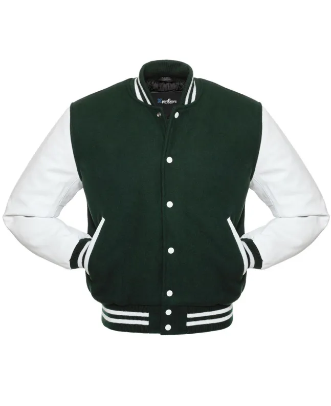 Forest Green Wool and White Leather American Varsity Jacket - Front View