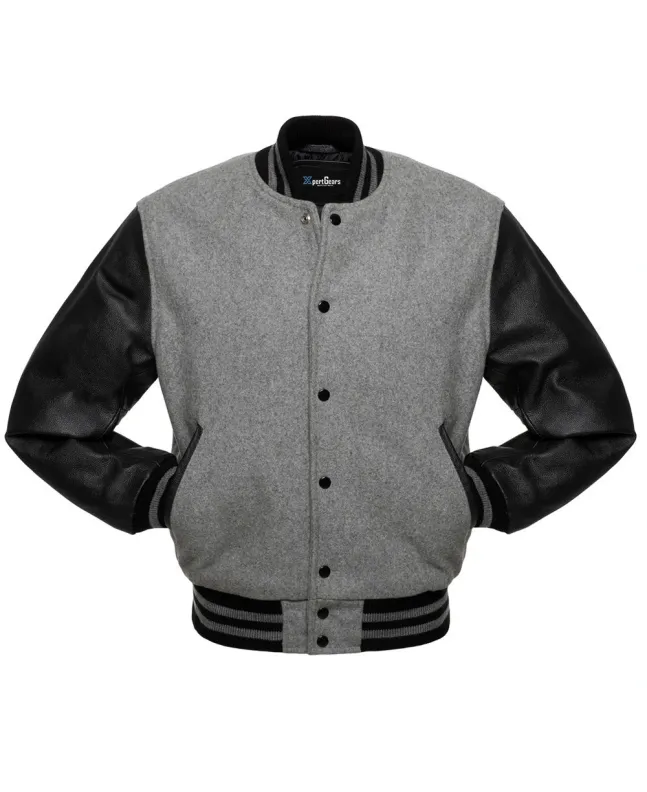 Grey Wool Body American Varsity Jacket with Black Leather Sleeves - Front View