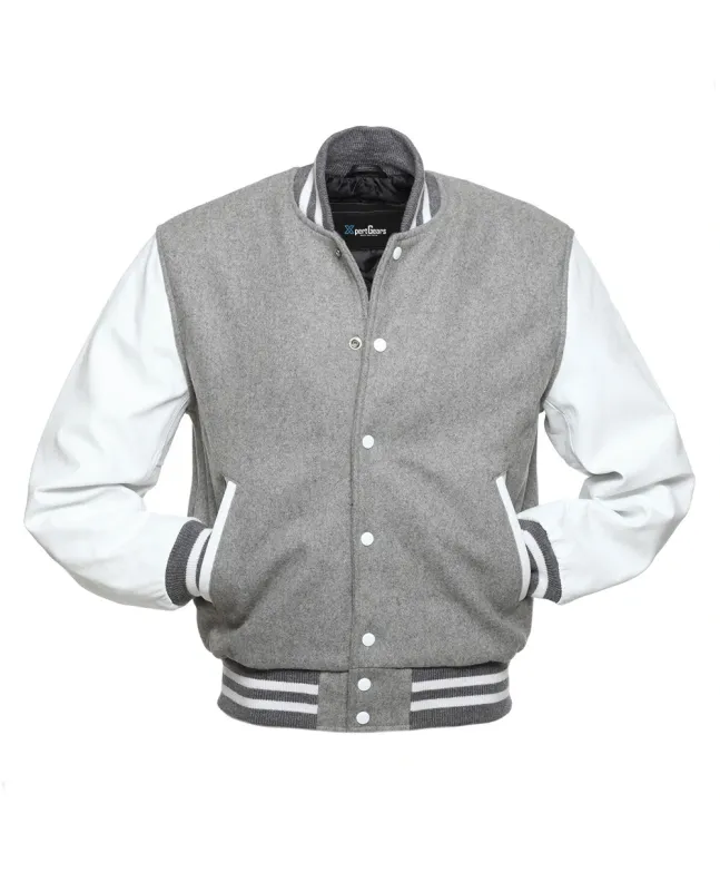 Grey Wool Body American Varsity Jacket with White Leather Sleeves - Front View