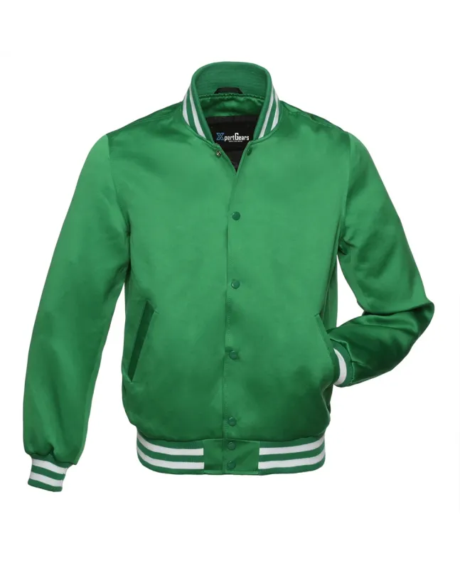 Kelly Green Striped Satin Bomber Jacket: Front view showcasing the vibrant kelly green satin fabric with contrasting stripes on cuffs and hem, featuring a stylish bomber design.