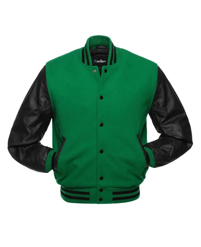 Kelly Green Wool and Black Leather American Varsity Jacket - Front View