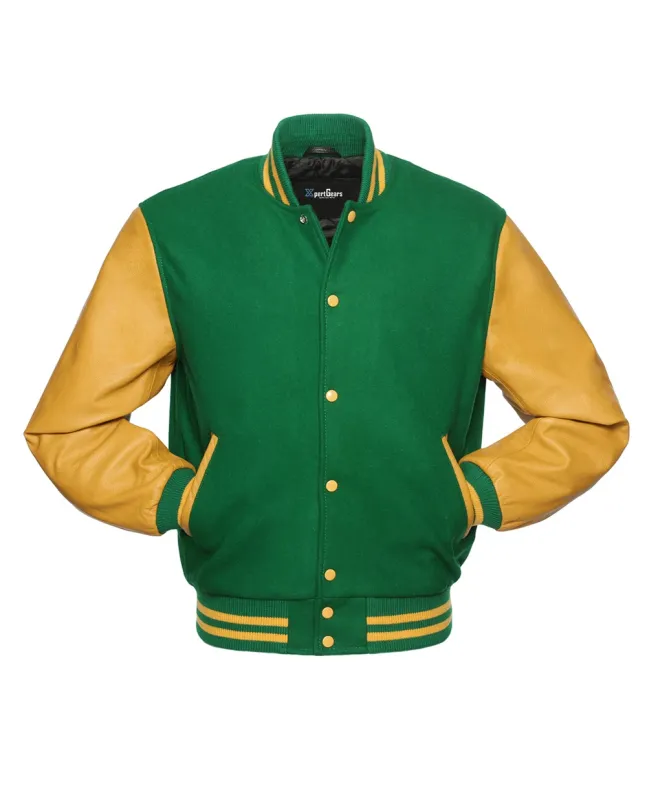 Kelly Green Wool and Gold Leather American Varsity Jacket - Front View