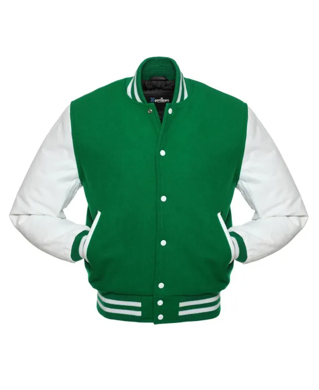 Kelly Green Wool and Cowhide Leather American Varsity Jacket - Front View