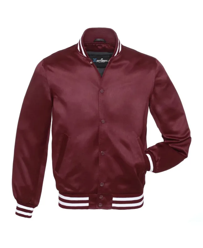 Maroon Striped Satin Bomber Jacket: Front view showcasing the elegant maroon satin fabric with contrasting stripes on cuffs and hem, featuring a stylish bomber design.