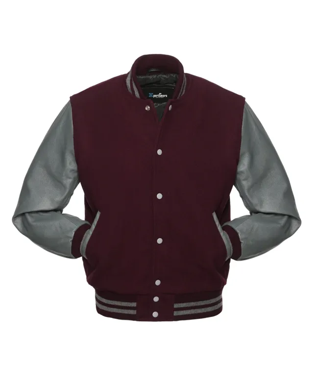 Maroon Wool Body American Varsity Jacket with Grey Leather Sleeves - Front View