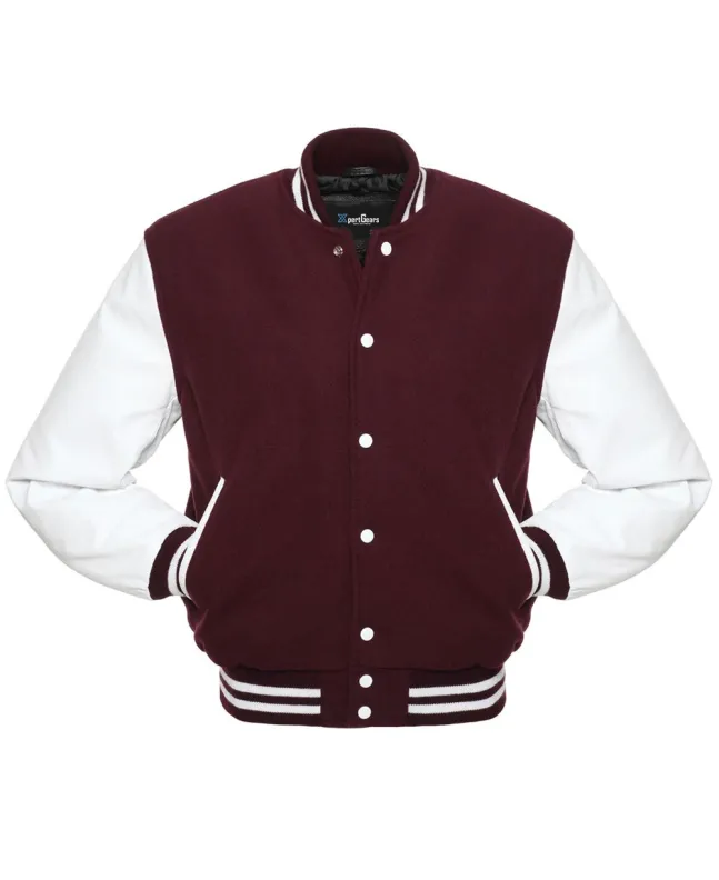 Maroon Wool Body American Varsity Jacket with White Leather Sleeves - Front View