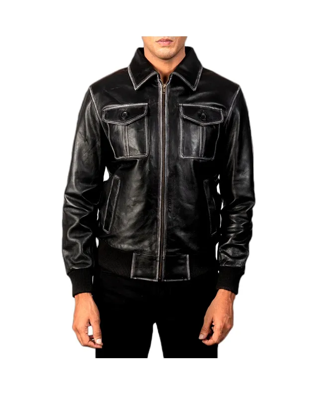 mens-onyx-black-leather-bomber-front-zipped-view