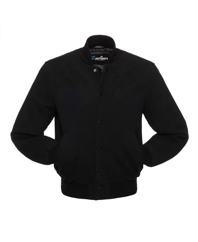 Midnight Classic Wool Varsity Jacket: Front view showcasing sleek, midnight-colored wool with contrasting stripes on cuffs and hem. Logo embroidered on the chest.