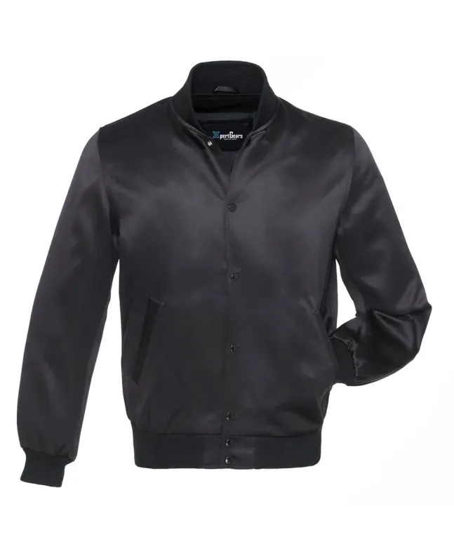 Midnight Monochrome Satin Bomber Jacket: Front view showcasing the sleek midnight-colored satin fabric with minimalistic accents and ribbed cuffs and hem.
