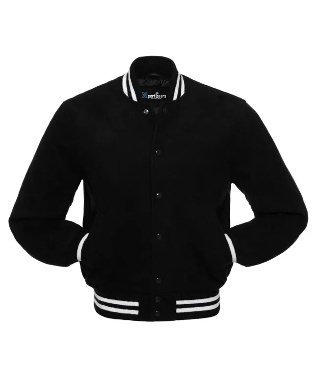 Midnight Monochrome Wool Varsity Jacket: Front view displaying the sleek, monochrome design with minimalistic accents and a focus on the embroidered logo.