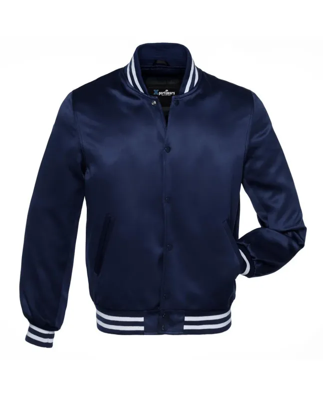 Nautical Navy Blue Striped Satin Bomber Jacket: Front view showcasing the rich navy blue satin fabric with contrasting stripes on cuffs and hem, featuring a stylish bomber design.