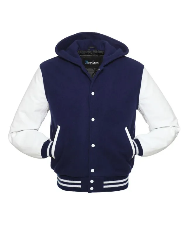 Front view of Navy Blue and White Varsity Jacket featuring a hoodie collar, navy blue wool body, and contrasting white leather sleeves.