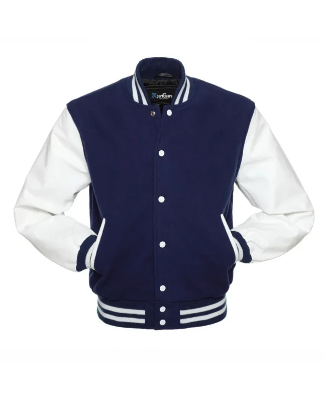 Navy Blue Wool American Varsity Jacket with White Vinyl Sleeves - Front View