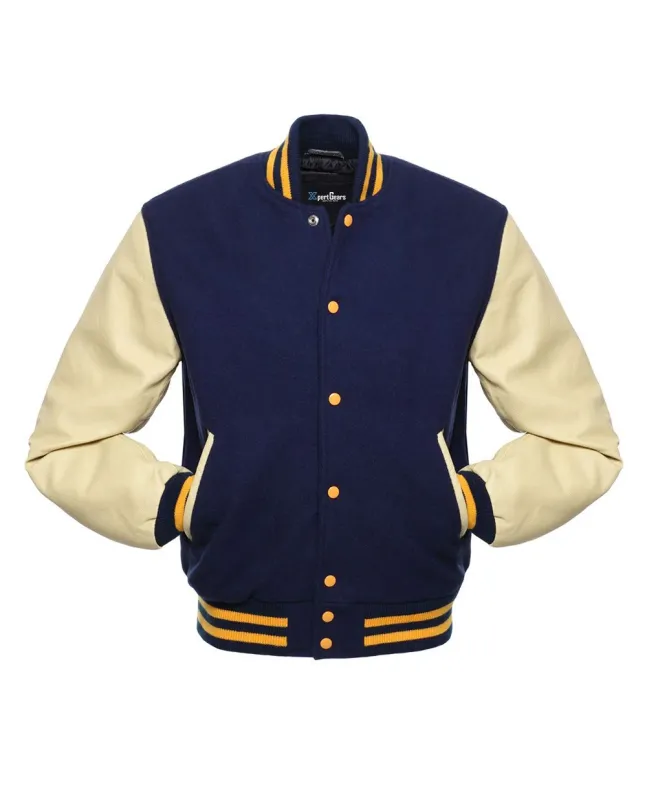 Navy Blue Wool Body American Varsity Jacket with Cream Leather Sleeves - Front View