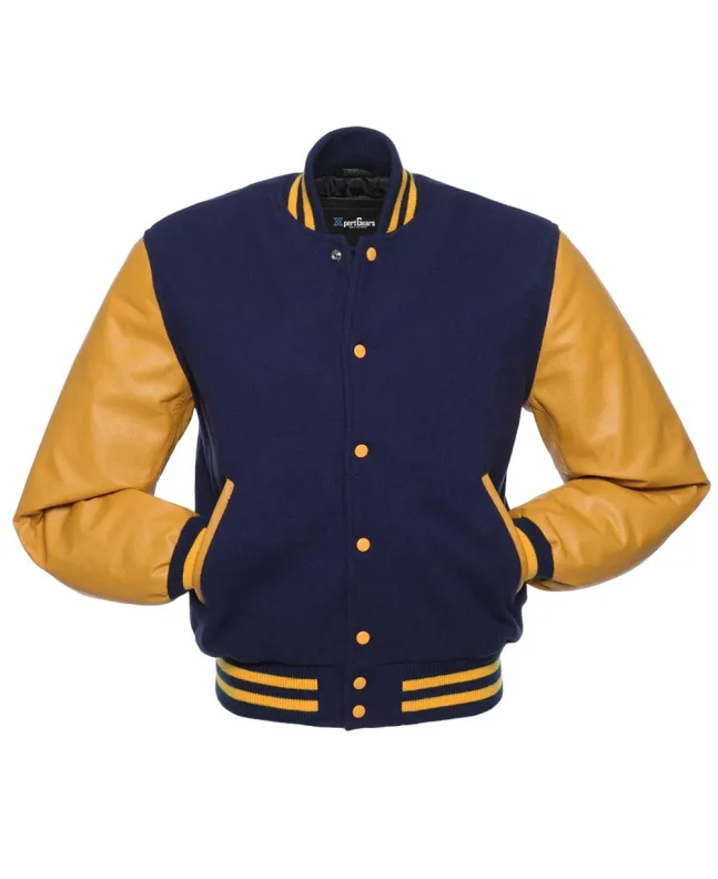 Navy Blue Wool Body American Varsity Jacket with Gold Leather Sleeves - Front View