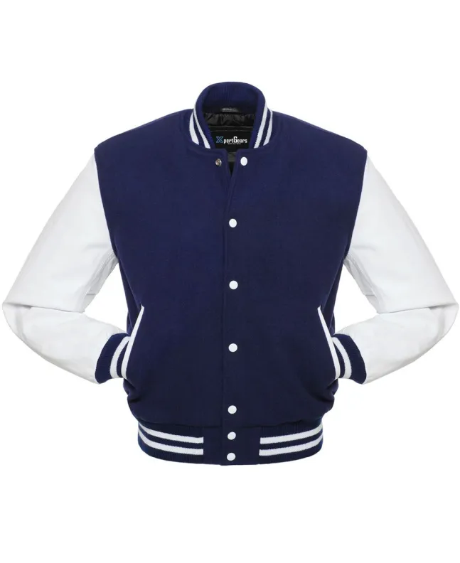 Navy Blue Wool and Cowhide Leather American Varsity Jacket - Front View