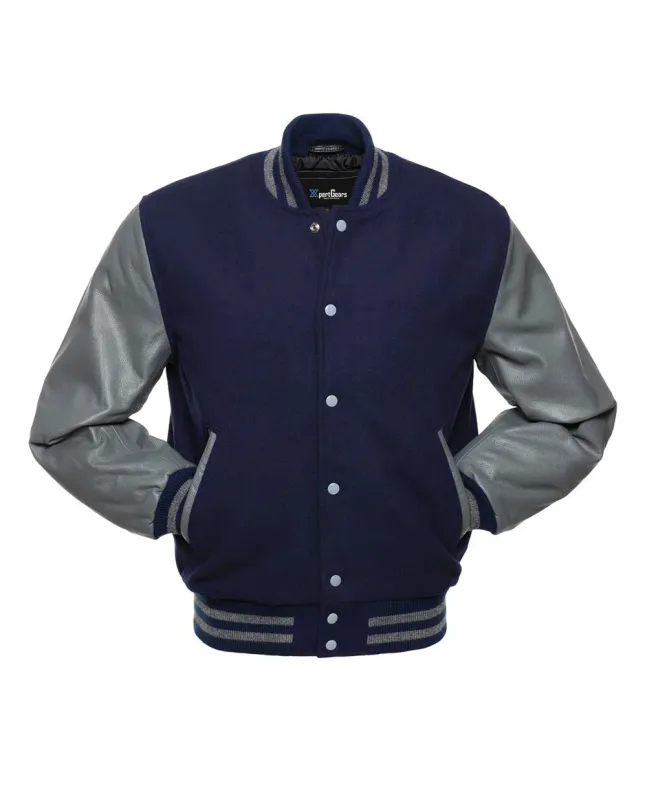 Navy Blue Wool and Cowhide Leather American Varsity Jacket - Front View