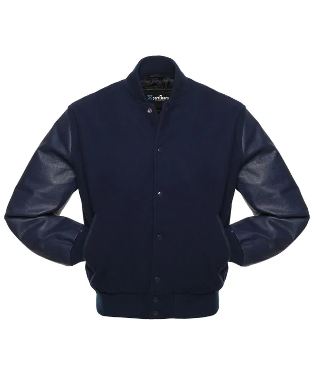 Navy Blue Wool and Cowhide Leather American Varsity Jacket - Front View