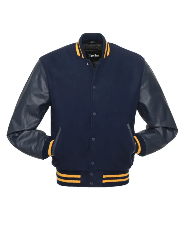 Navy Blue Wool and Cowhide Leather American Varsity Jacket - Front View