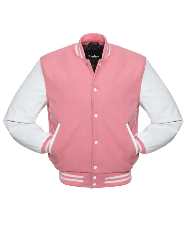 Pink Wool and White Leather American Varsity Jacket - Front View