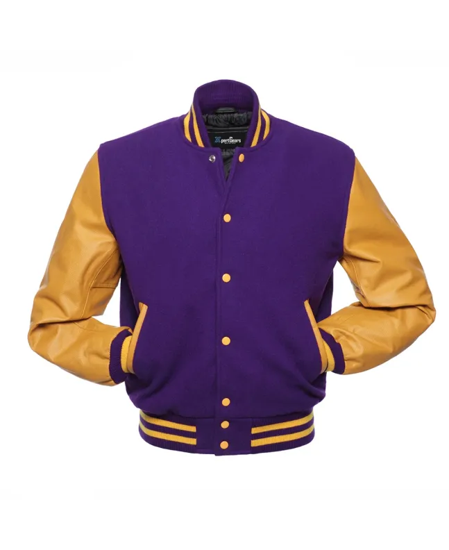 Purple Wool Body American Varsity Jacket with Gold Leather Sleeves - Front View